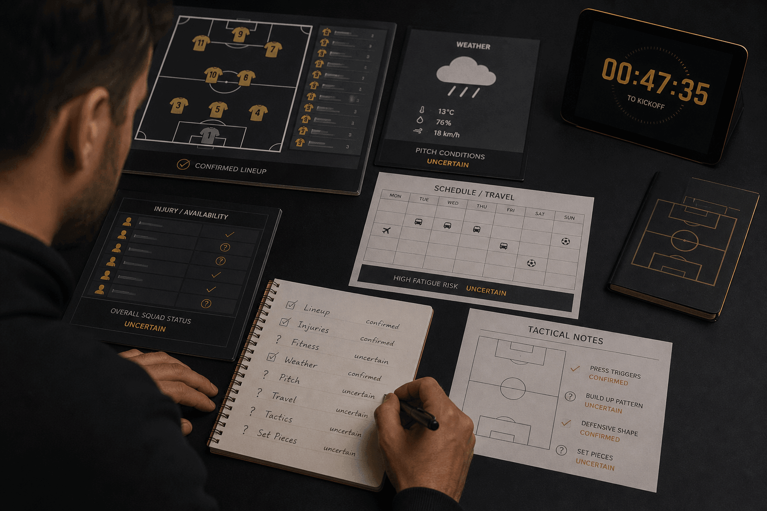 ตรวจรายชื่อ อาการบาดเจ็บ สภาพอากาศ โปรแกรมเดินทาง และแท็กติกก่อนเริ่มเกม